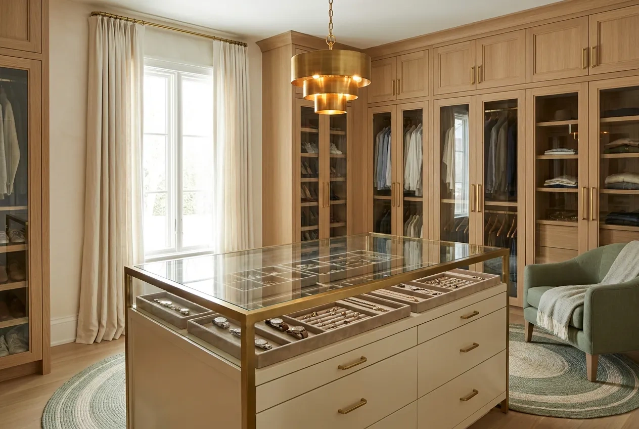 Walk-in closet island with a glass top over velvet-lined jewelry drawers