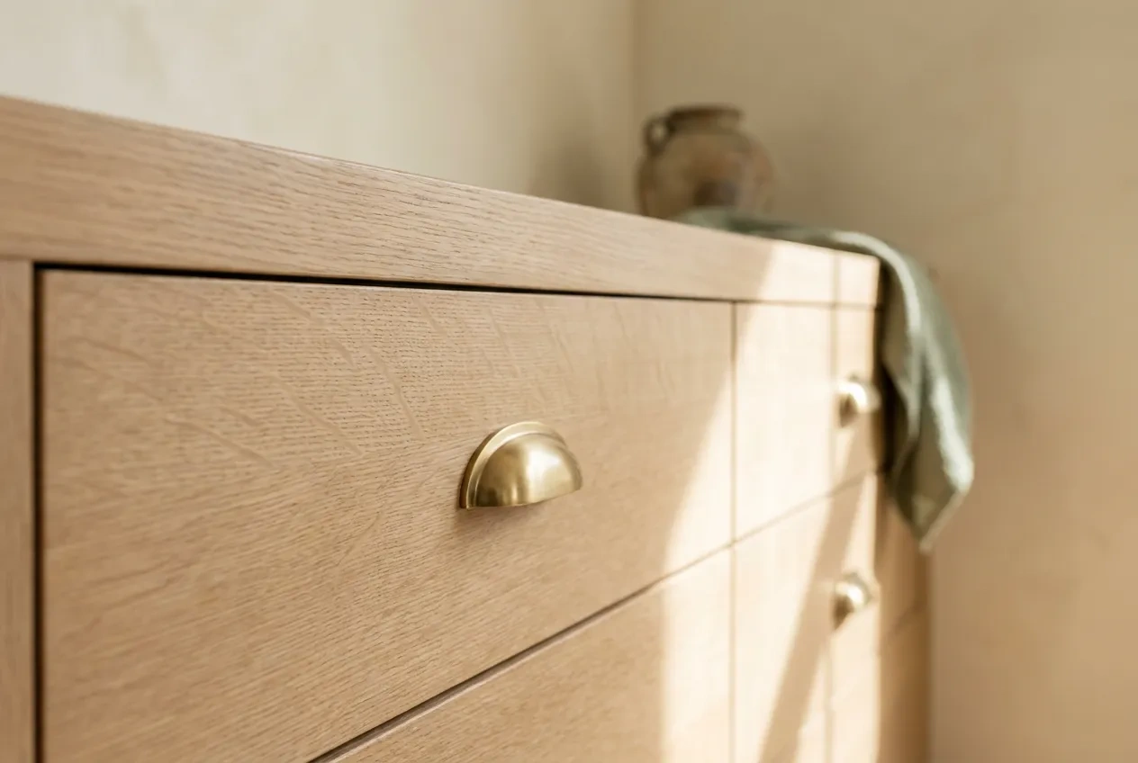 Hand-rubbed matte oil finish on quartersawn white oak drawer fronts with brushed brass cup pulls