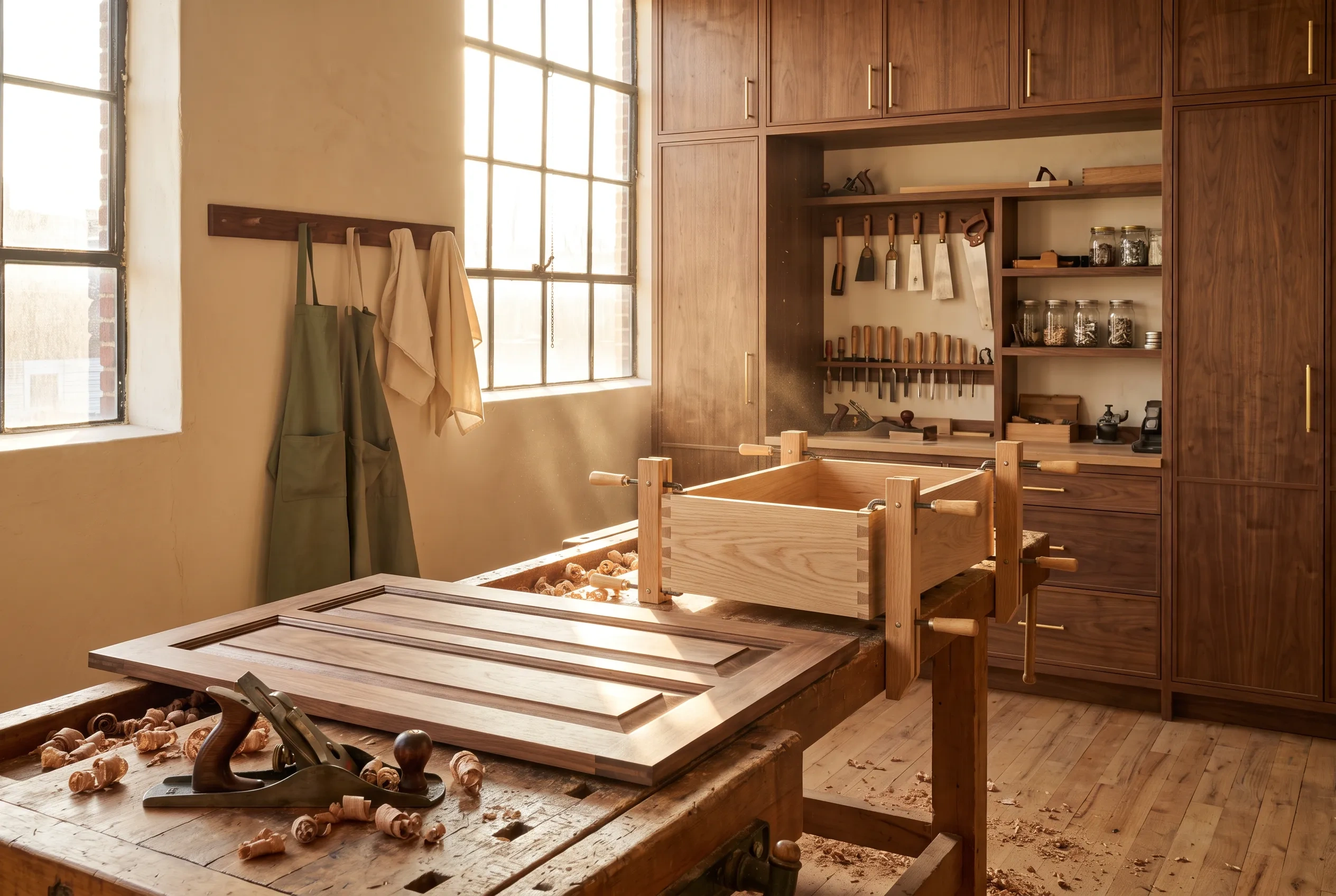A walnut cabinet door on a workbench with a hand plane, shavings and dovetail joinery in the Blair Custom Interiors shop