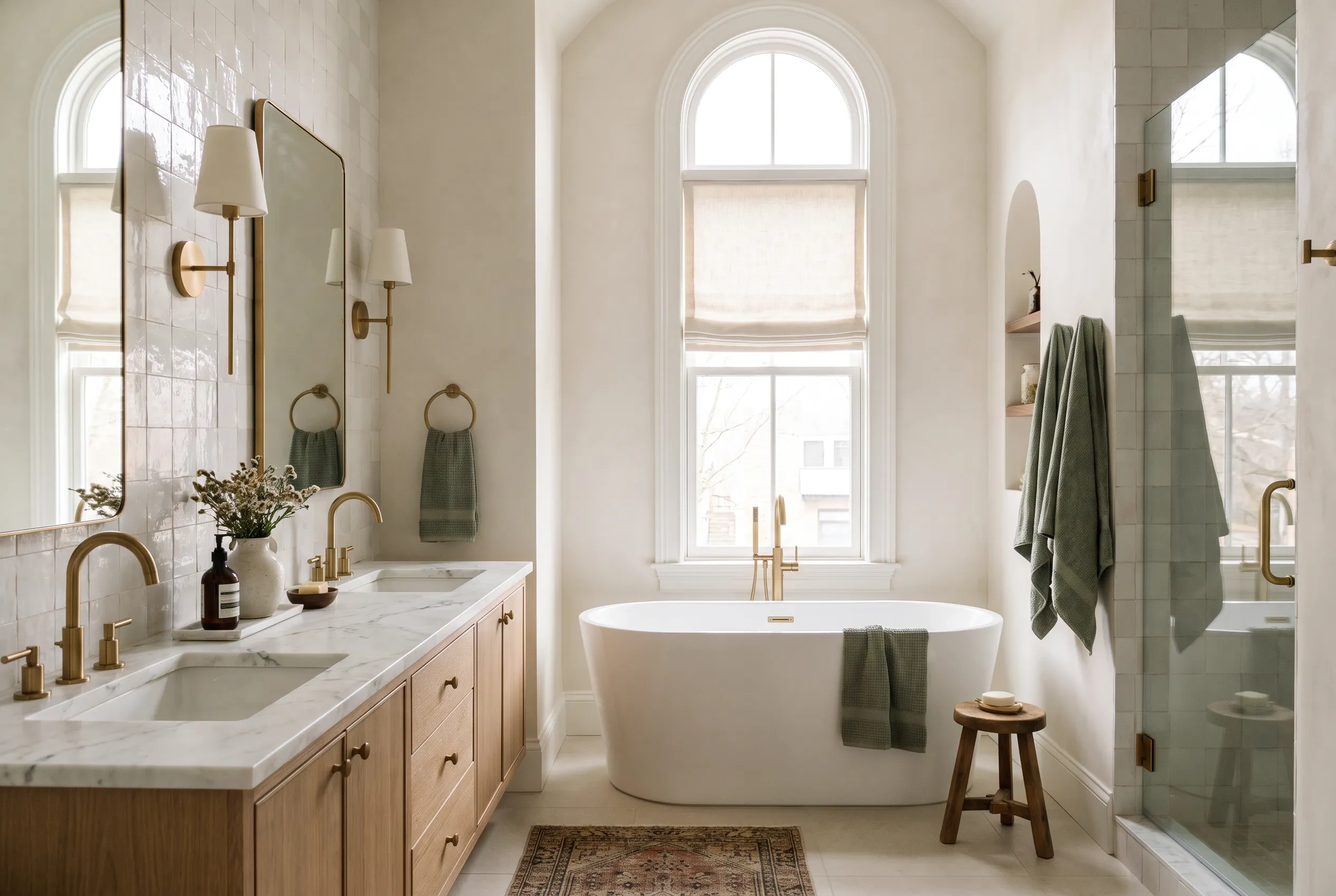 Primary bathroom with a floating white oak double vanity and a freestanding tub