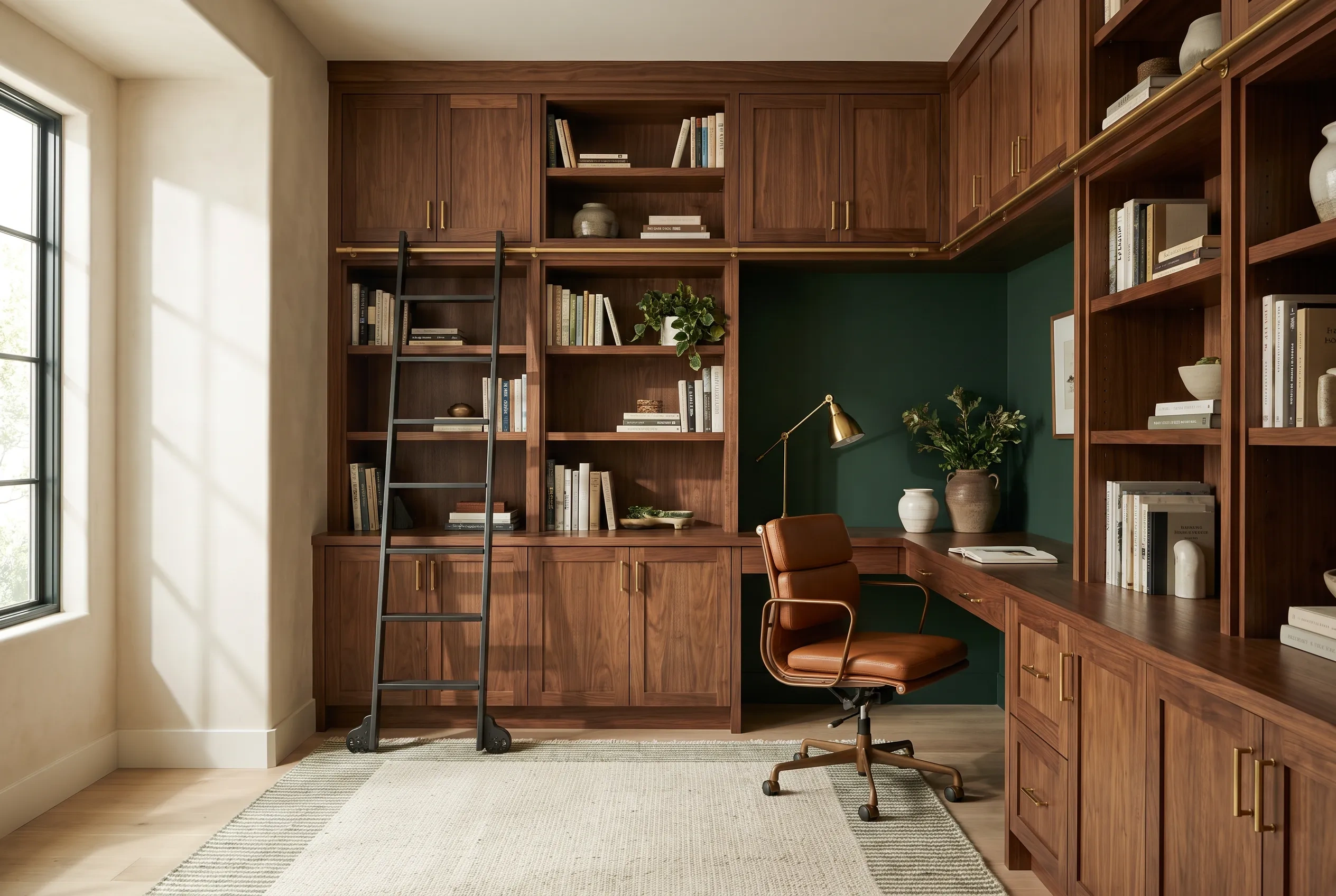 Home office with floor-to-ceiling walnut bookcases, a built-in desk and a library ladder